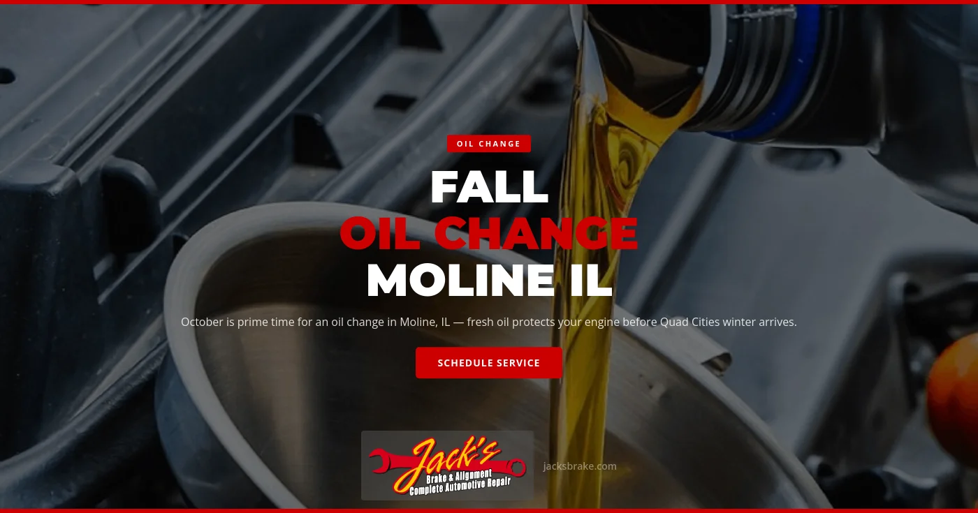 Technician performing a fall oil change on a customer vehicle at Jack's Brake & Alignment, serving Moline, IL drivers.