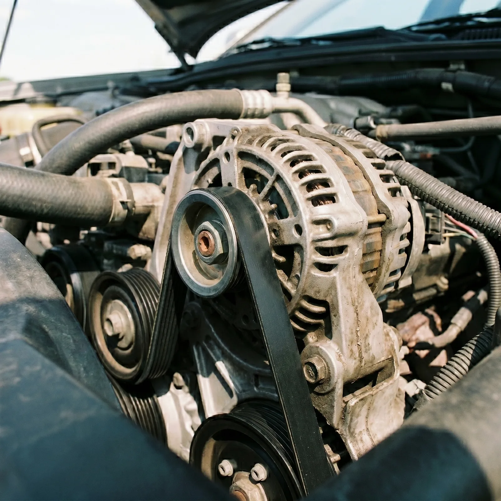 Serpentine belt, alternator and cooling hoses in an engine bay at Jack's &mdash; the belts and hoses checked during scheduled maintenance